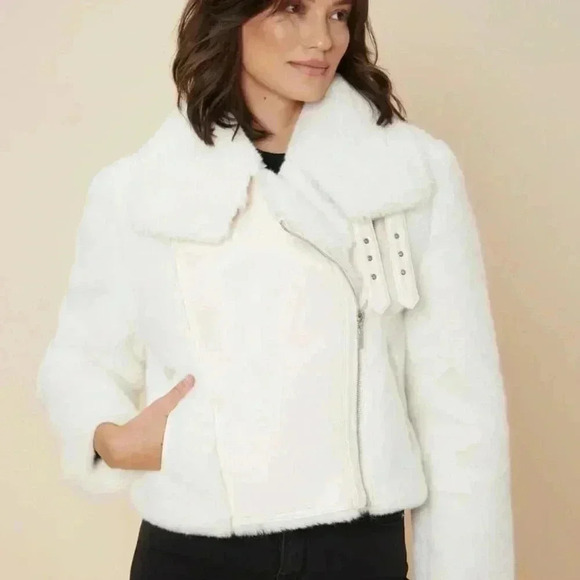Shein Motf premium faux fur moto cropped jacket white - Picture 15 of 15